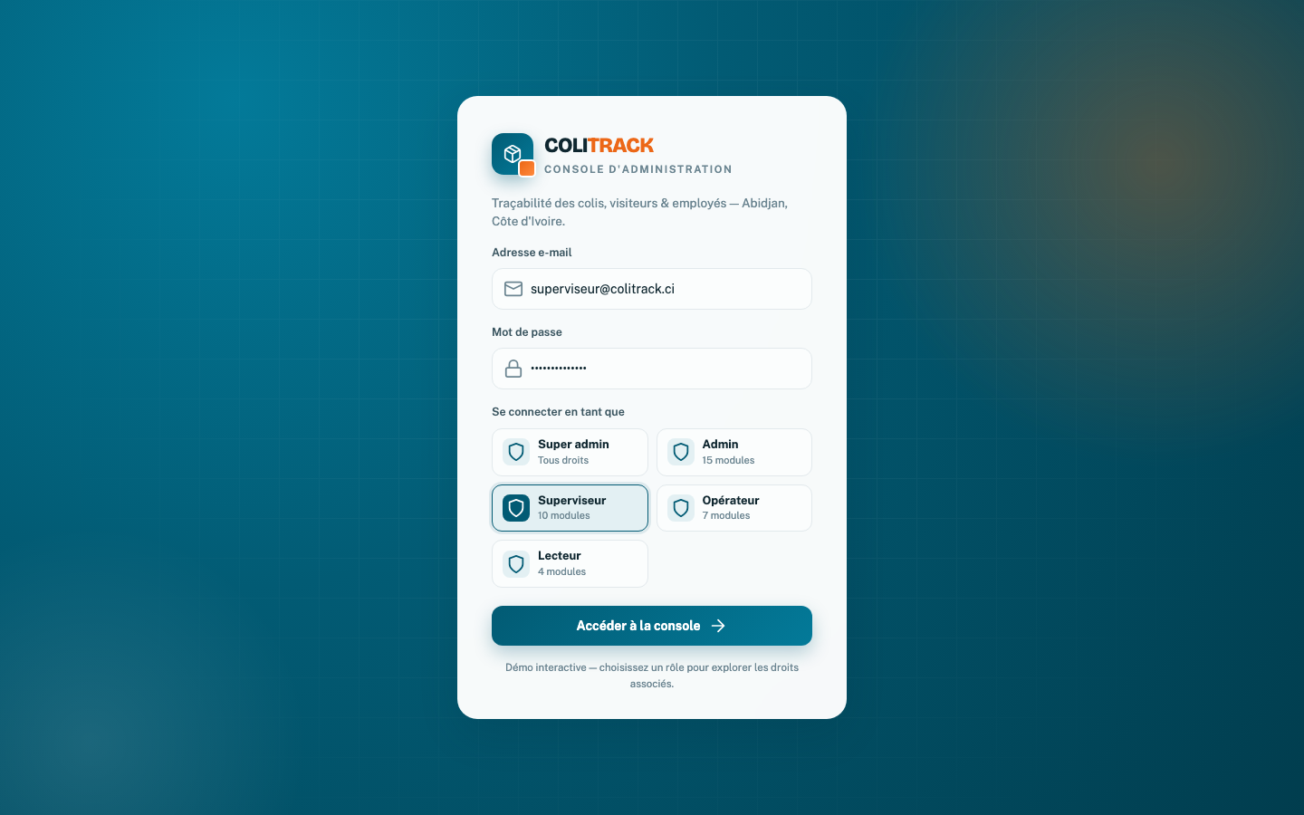 Connexion console web COLITRACK avec sélection de rôle